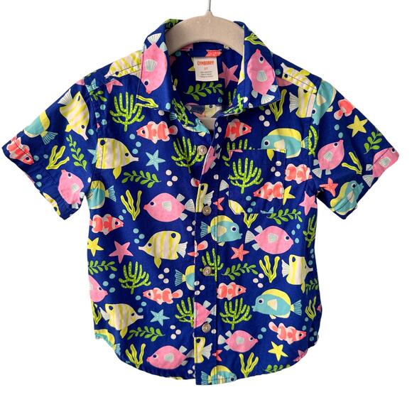 Gymboree Other - Gymboree Toddler Boy Shirt 2T Ocean Fish Print Button Down Short Sleeve Cotton